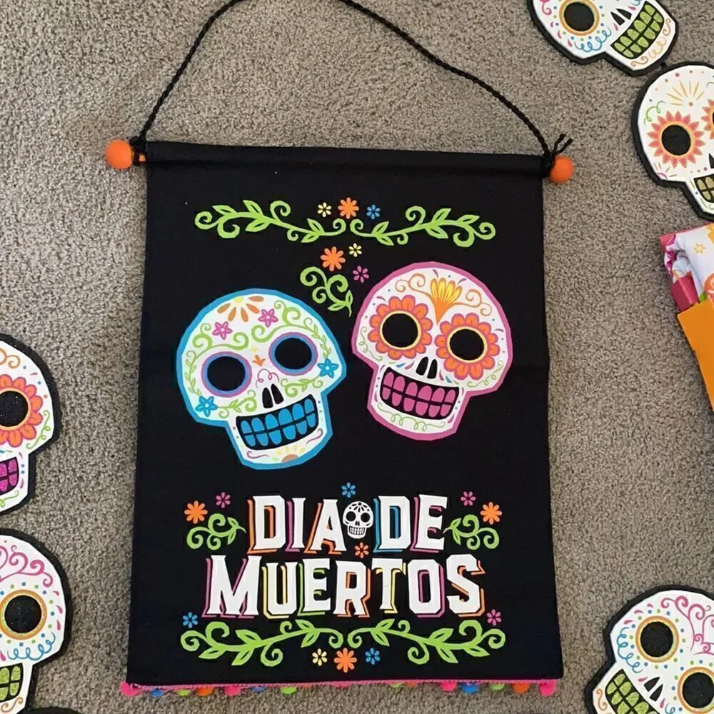 Halloween Decor Bundle - Sugar Skull Wall Hangers & Matching Table Cloth all NEW